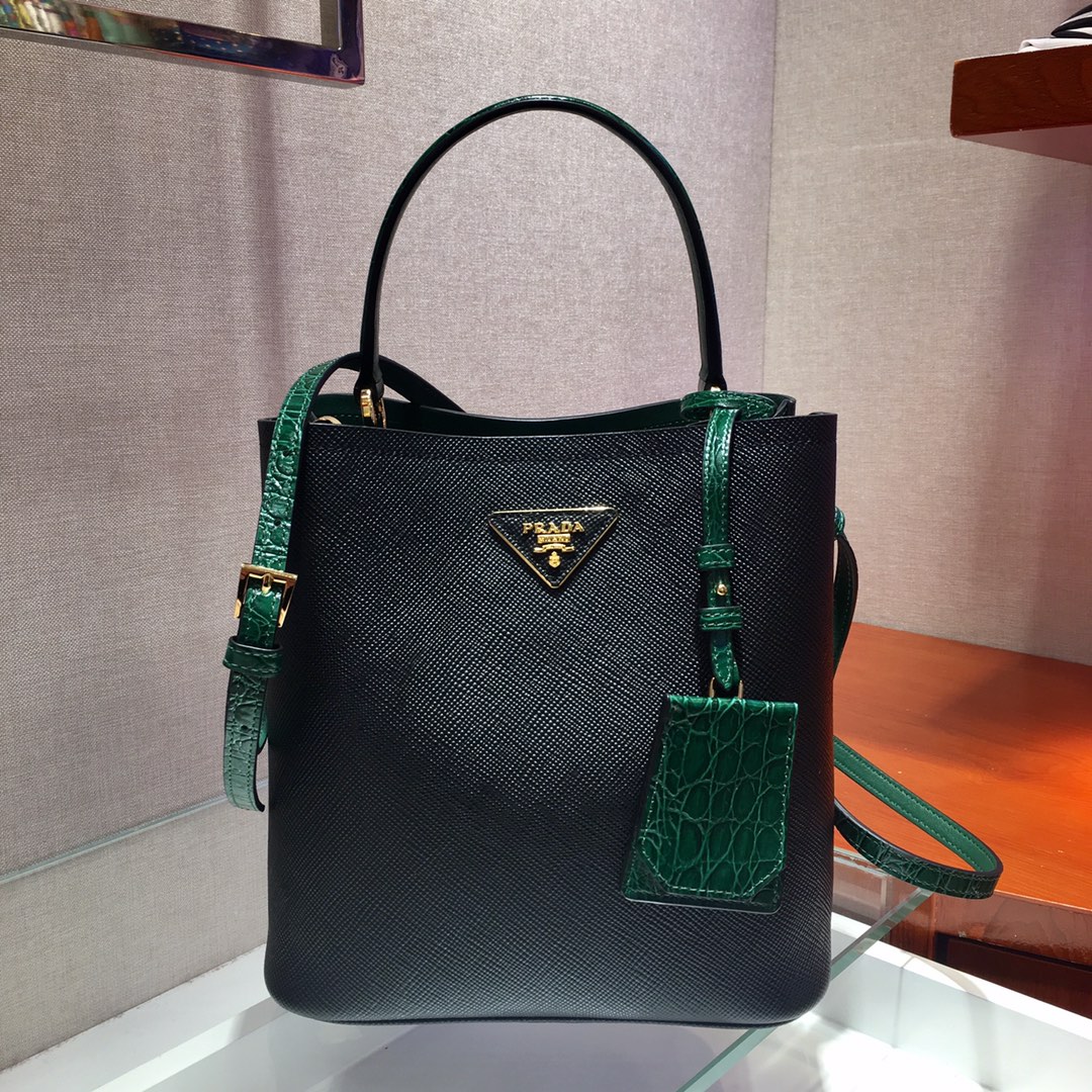 Prada Medium Panier Saffiano Leather Bag Black/Green 1BA212